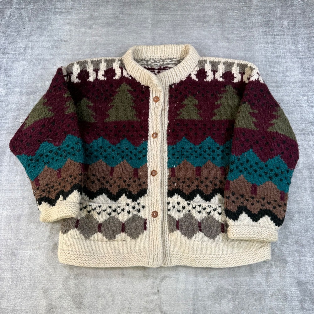 Handmade Wool Cardigan Women XL Multicolor Landscape Chunky Knit Cabin Sweater